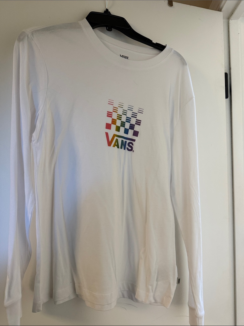 Vans White Long-Sleeve Tee with Rainbow Checker Logo